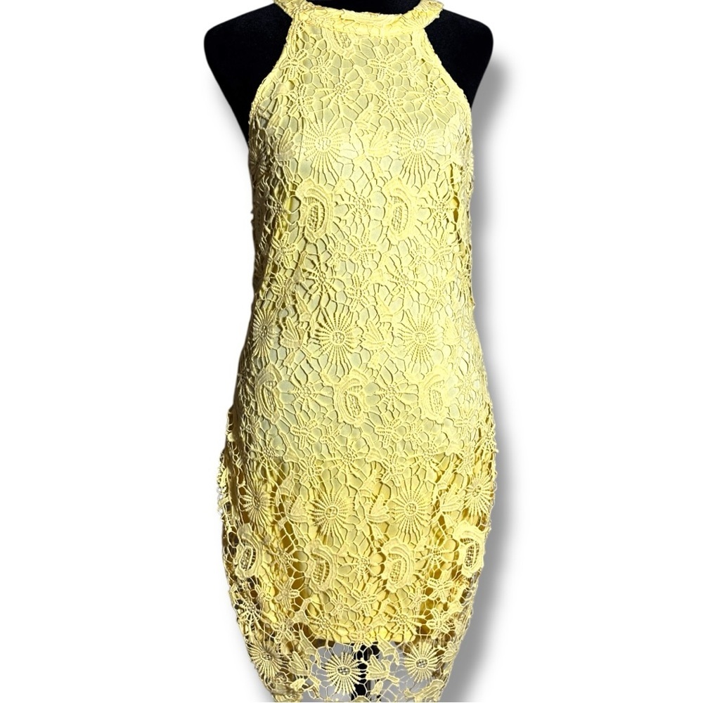Lamilus Butter Yellow Lace Overlay High Halter Neck Sleeveless Midi Dress
